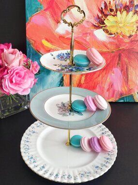 Mismatched Vintage English Bone China Three Tier High Tea Stand Blue Floral